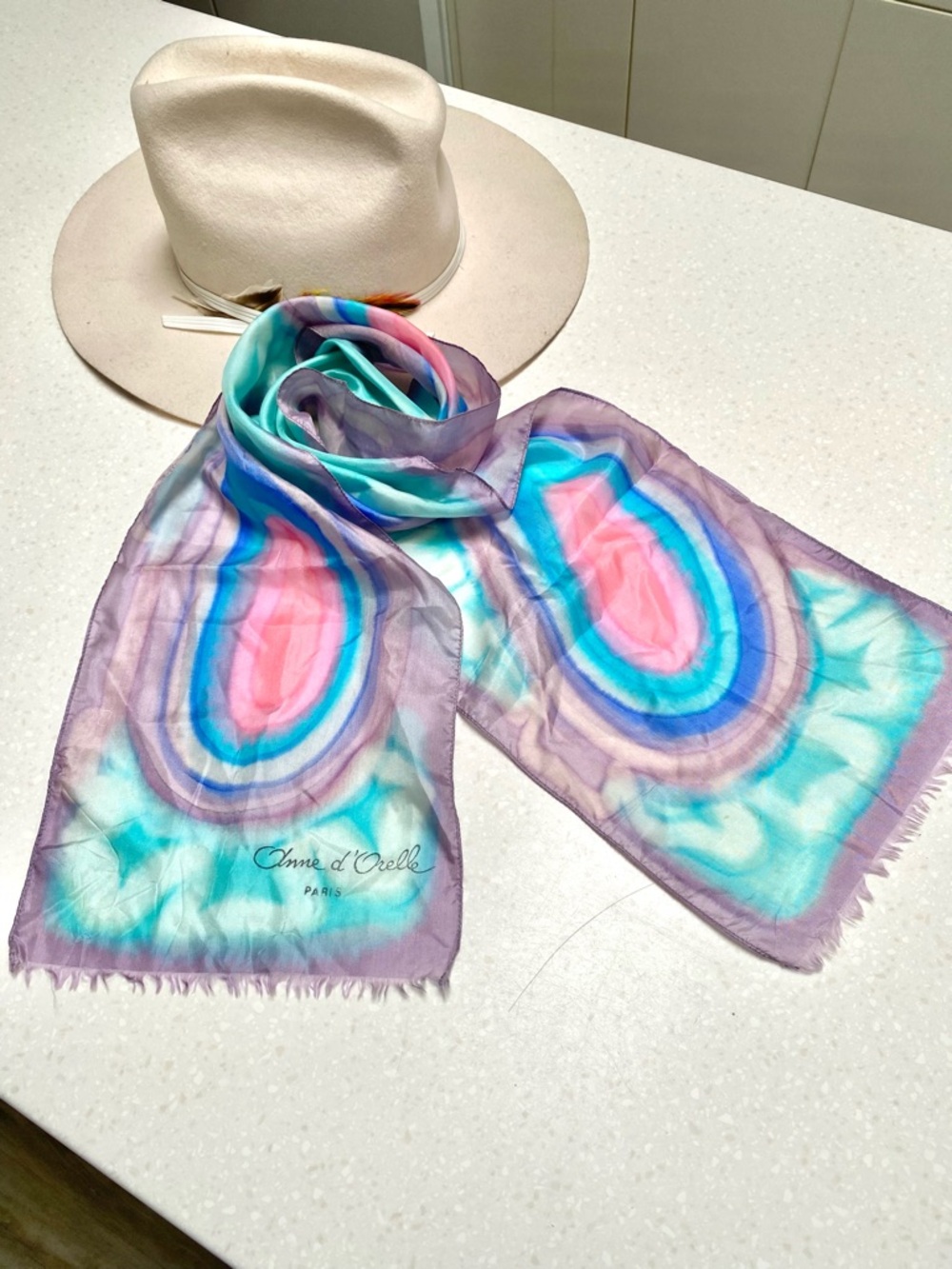 Made in FRANCE hand painted Artisan SILK boho scarf/wrap hippy Gypsy vacay Vibe